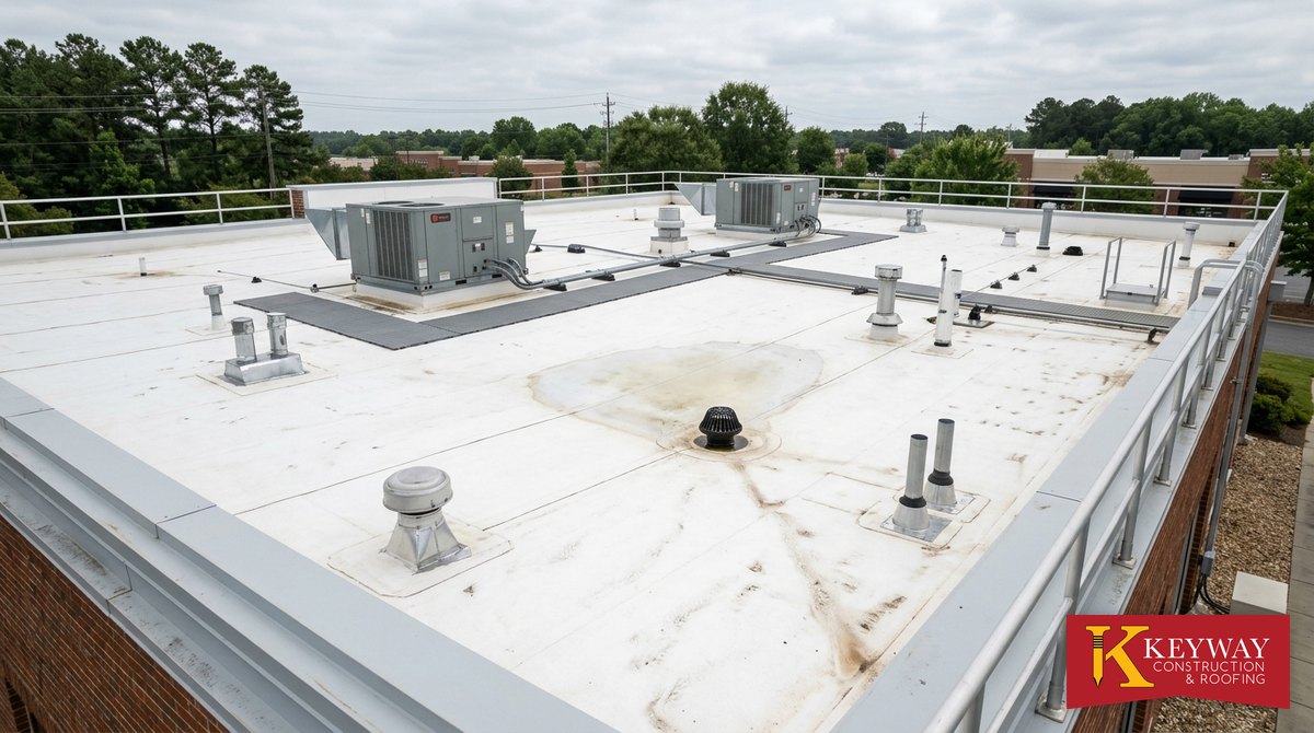 Commercial low-slope TPO flat roof with rooftop HVAC units, vent penetrations, and a center drain, serviced by Keyway Construction across Charlotte, NC