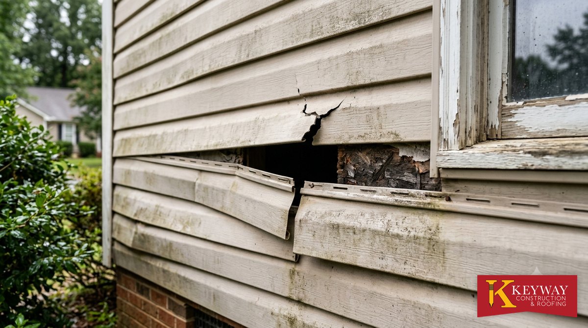 Cracked siding with rotted sheathing exposed behind a broken panel on a Charlotte NC home, a clear sign the siding needs replacing