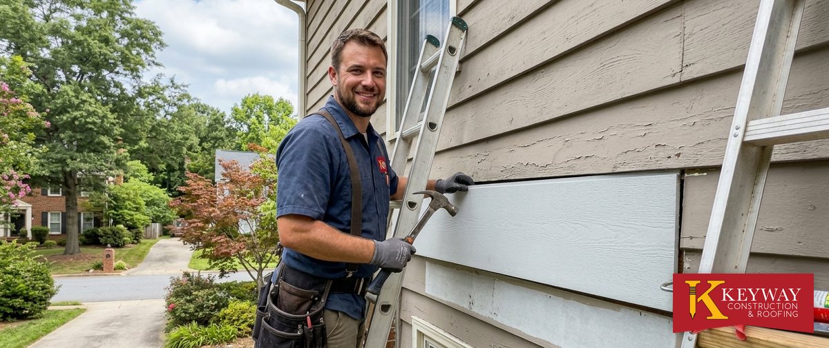 Contractor fitting a new fiber cement lap siding board next to weathered, cracked siding on a Charlotte NC home