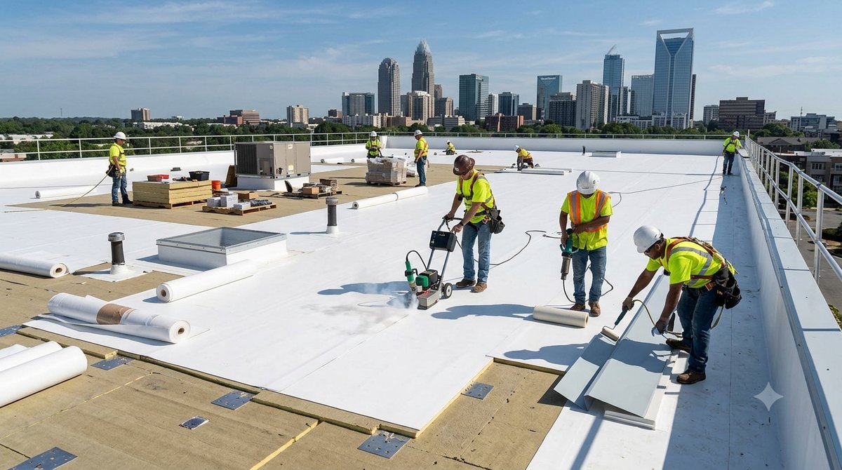 Roofing crew installing a TPO flat roof membrane in Charlotte NC