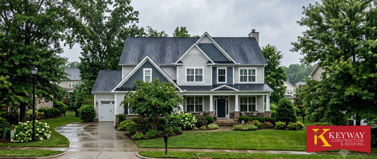 Two-story Monroe NC home with an architectural shingle roof after a rainstorm in Union County