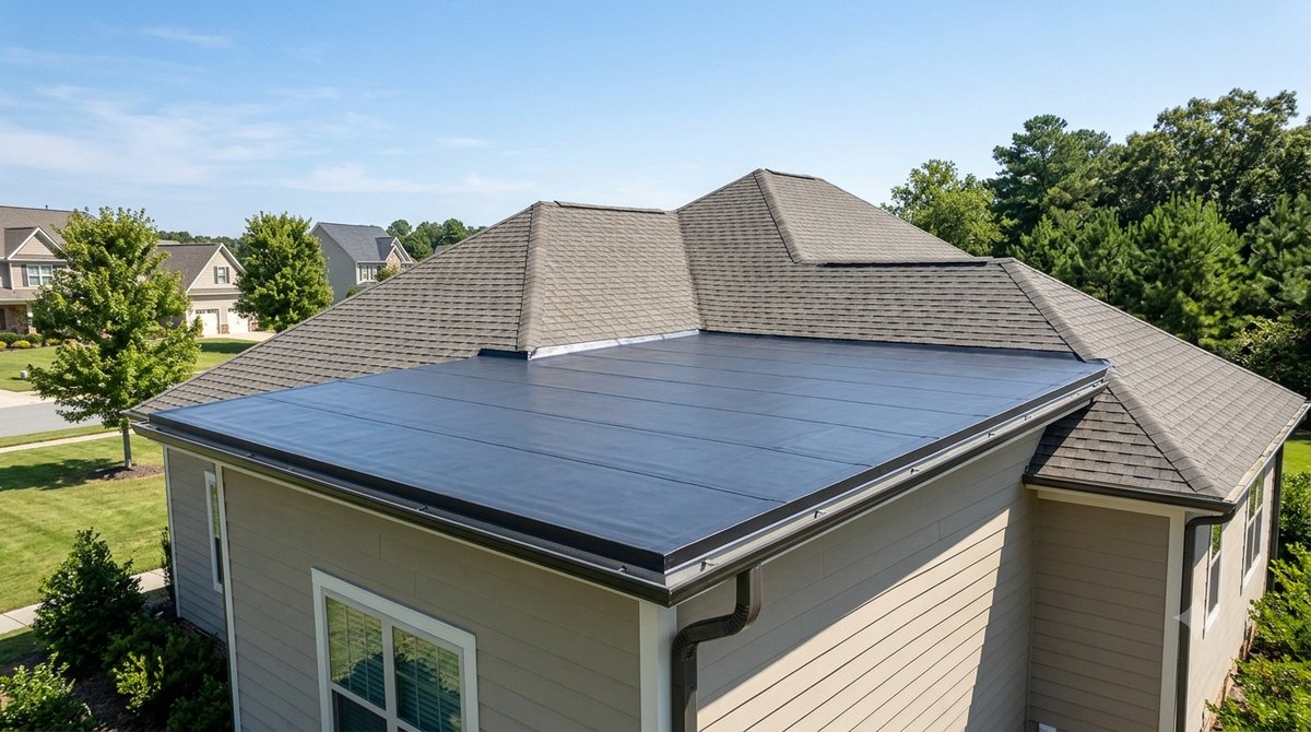 Residential low-slope EPDM flat roof section on a Charlotte NC home