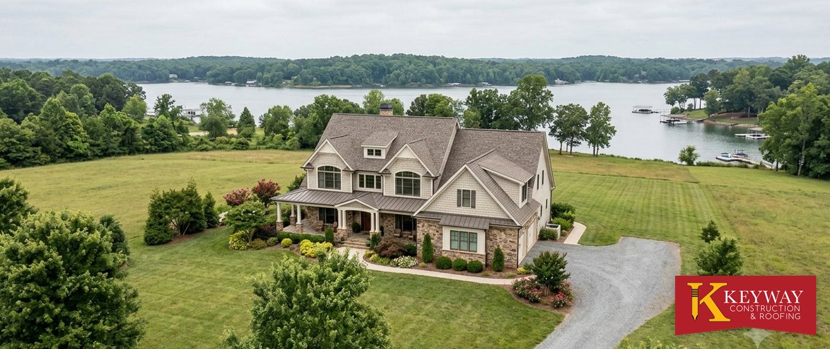 Two-story home on an open lot with Lake Norman and docks in the background in Cornelius NC