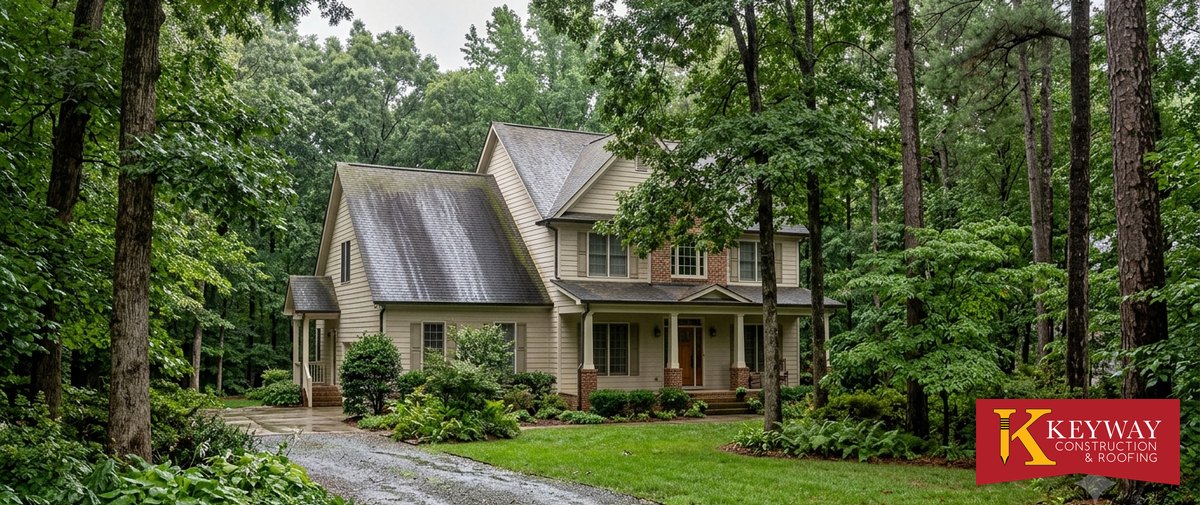 Two-story Mint Hill NC home shaded by tall oaks and pines with algae streaking on the roof slope after rain
