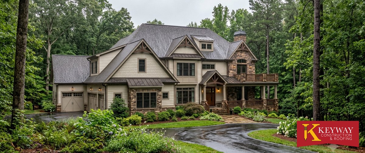 Large custom two-story home with an architectural shingle roof and multiple gables on a wooded Waxhaw NC lot after rain