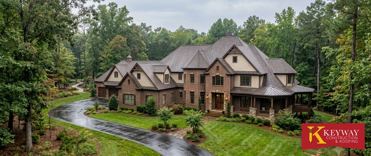 Large brick estate home with complex rooflines on a wooded lot and long driveway in Weddington NC after rain