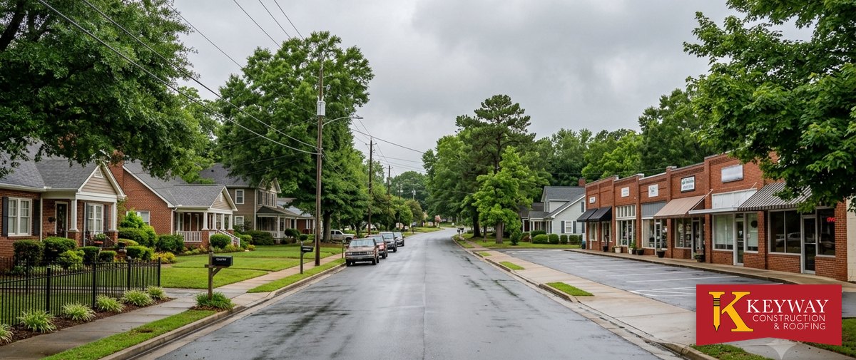 A Stallings NC street with local homes and a brick storefront strip after rain