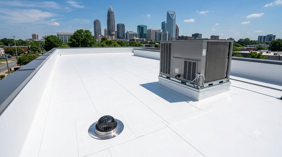 White TPO membrane flat roof on a commercial building with the Charlotte NC skyline
