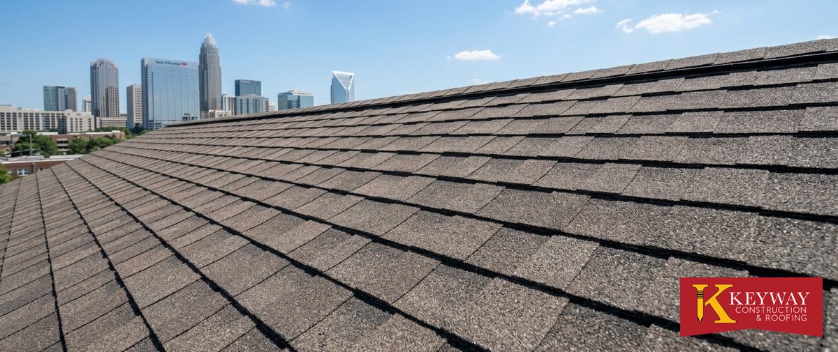 Architectural asphalt shingle roof on a Charlotte NC home with the city skyline behind