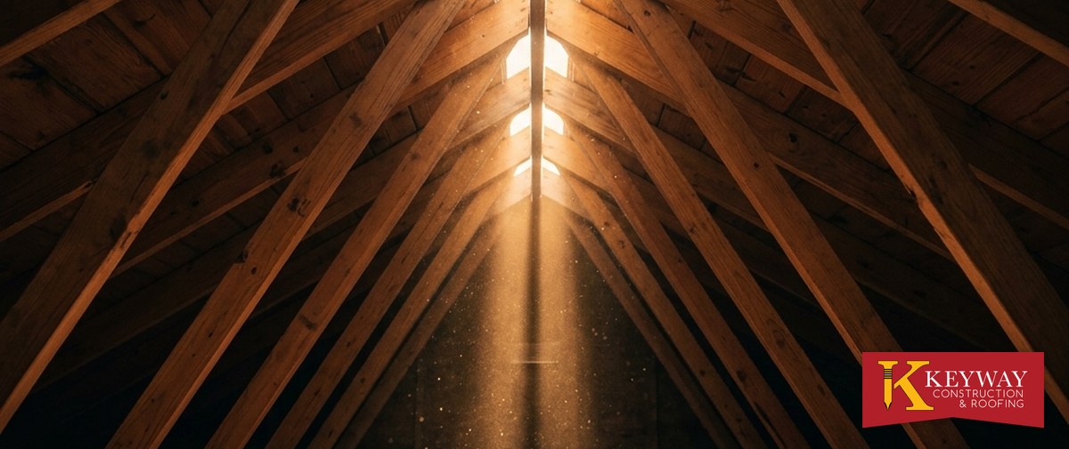 Charlotte NC attic interior showing rafters and daylight at the ridge before insulation work