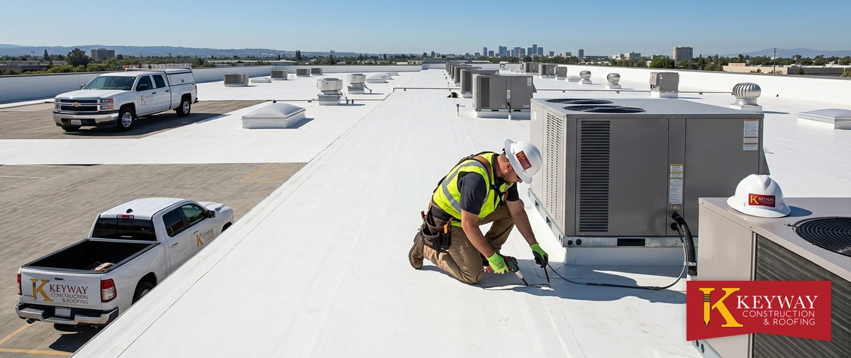 Keyway technician servicing an HVAC curb during a commercial roof maintenance visit in Charlotte NC