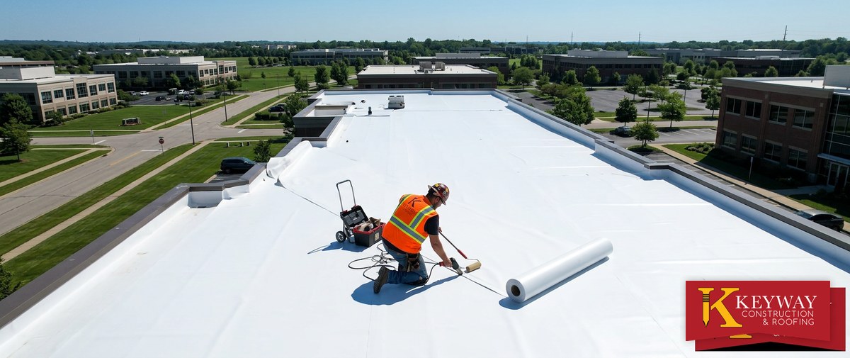 New single ply membrane being installed on a Charlotte NC commercial roof replacement