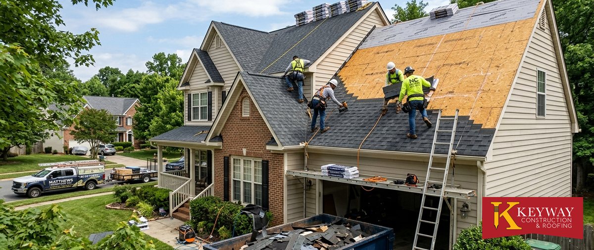 Roofing crew replacing a roof on a Matthews NC home