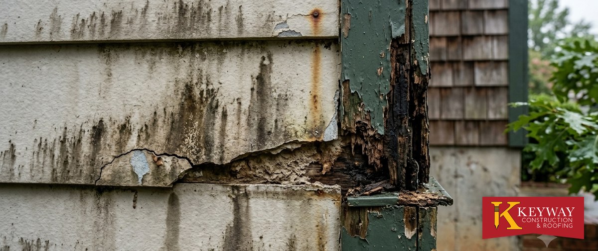 Cracked siding and rotted trim on a Charlotte NC home before siding repair