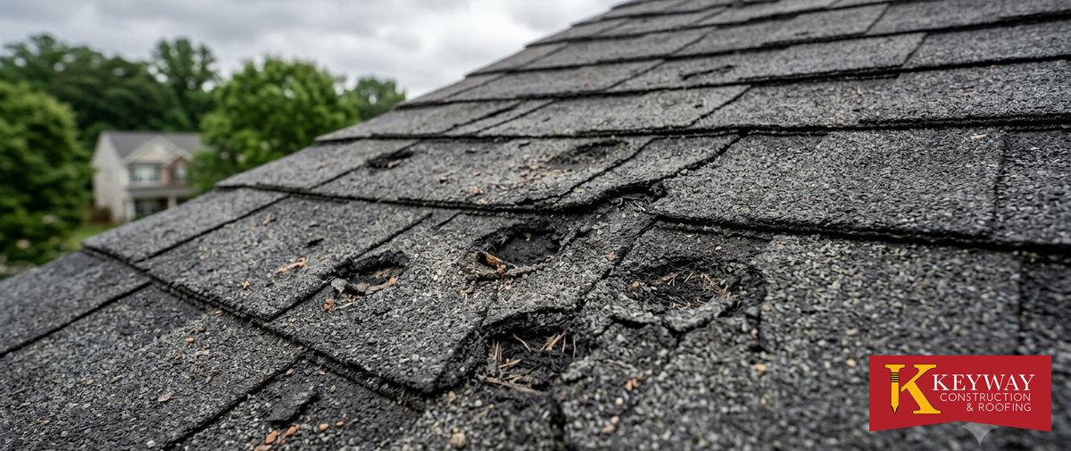 Hail damage on asphalt shingles that led to a storm damage roof replacement in Charlotte NC